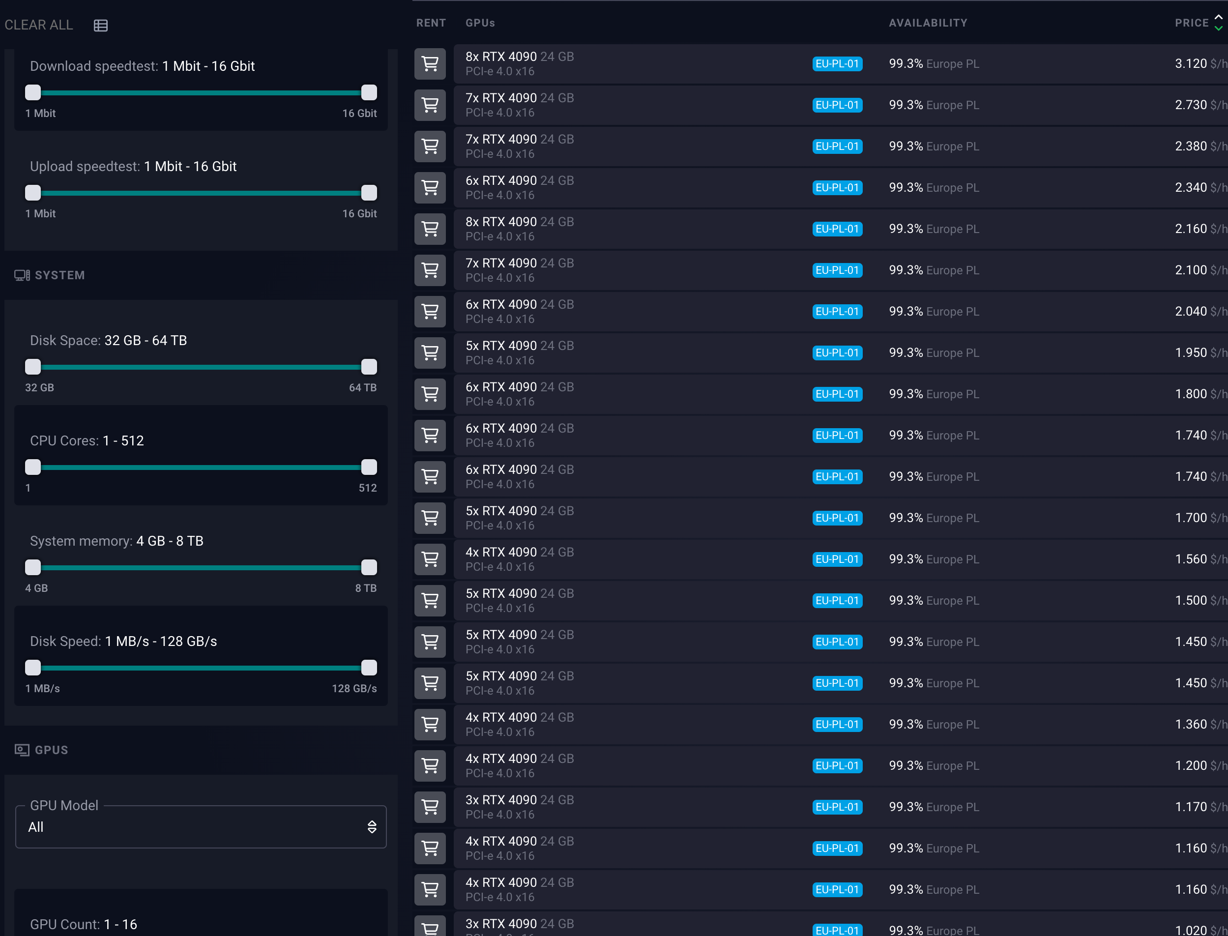 Find instances section in SimplePod dashboard, where you can purchase instance - with filter section on the side expanded