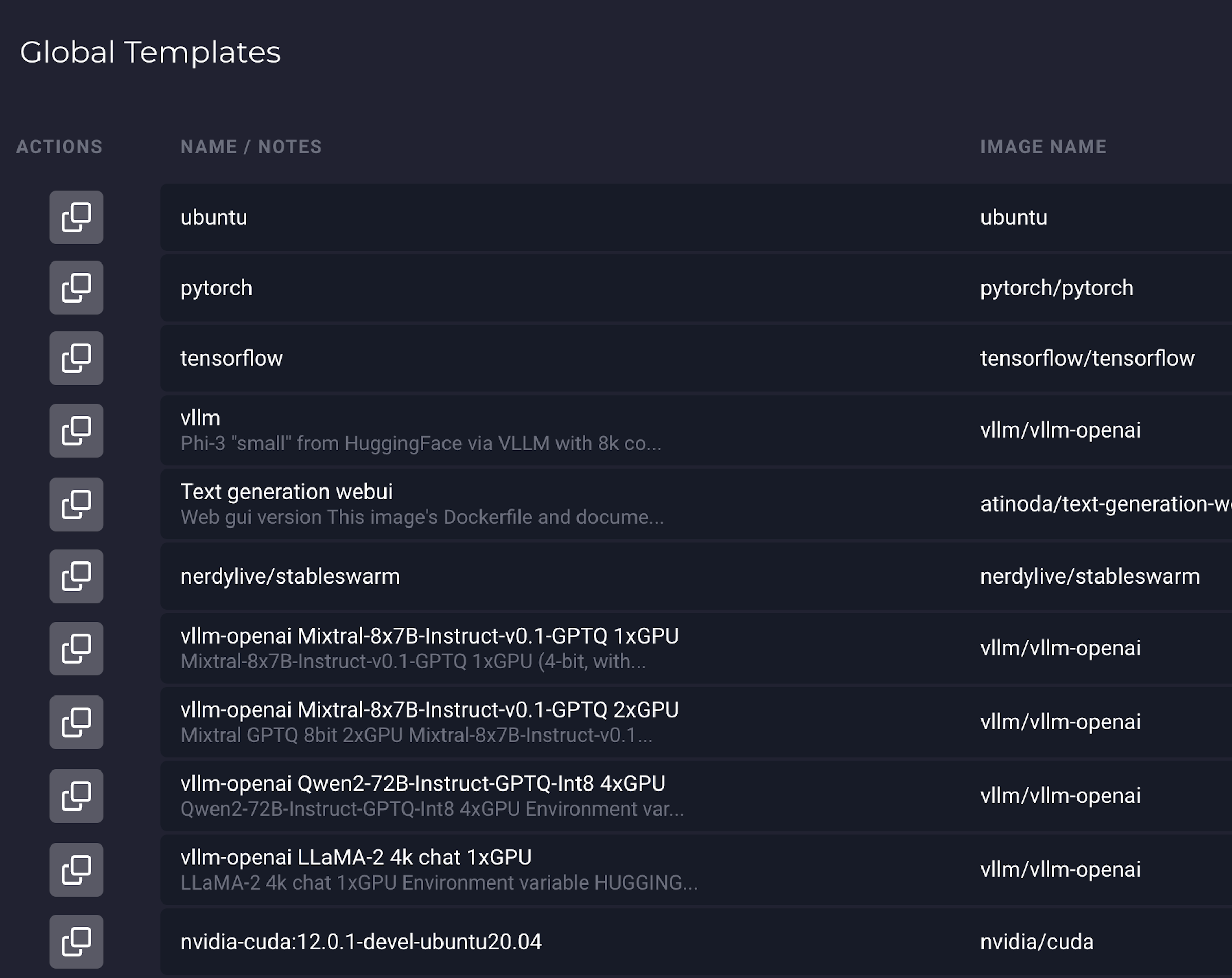 Templates section in SimplePod dashboard, where you can create and manage your templates.