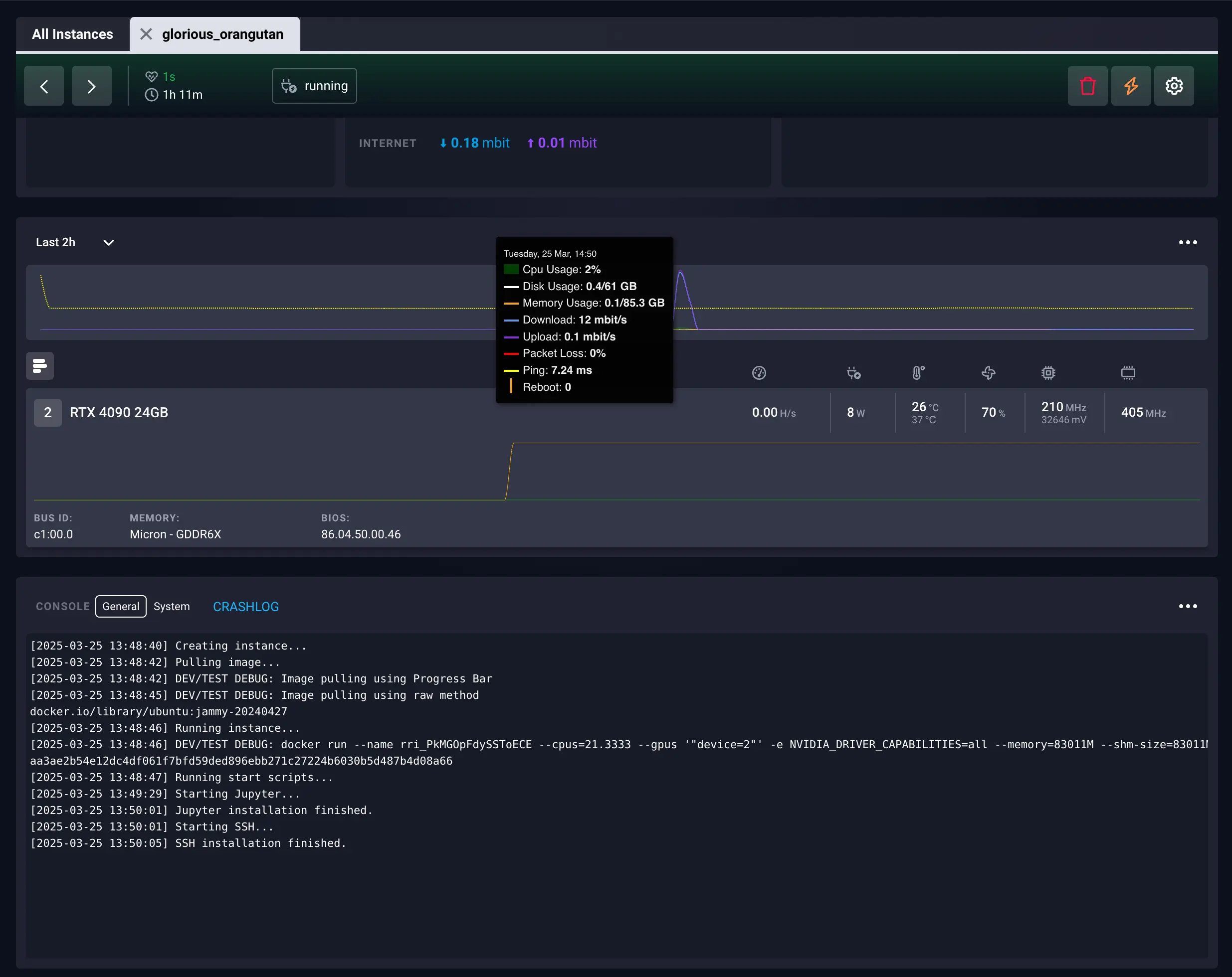 รายละเอียดอินสแตนซ์ที่เข้าถึงได้จากส่วนอินสแตนซ์ใน SimplePod แดชบอร์ด