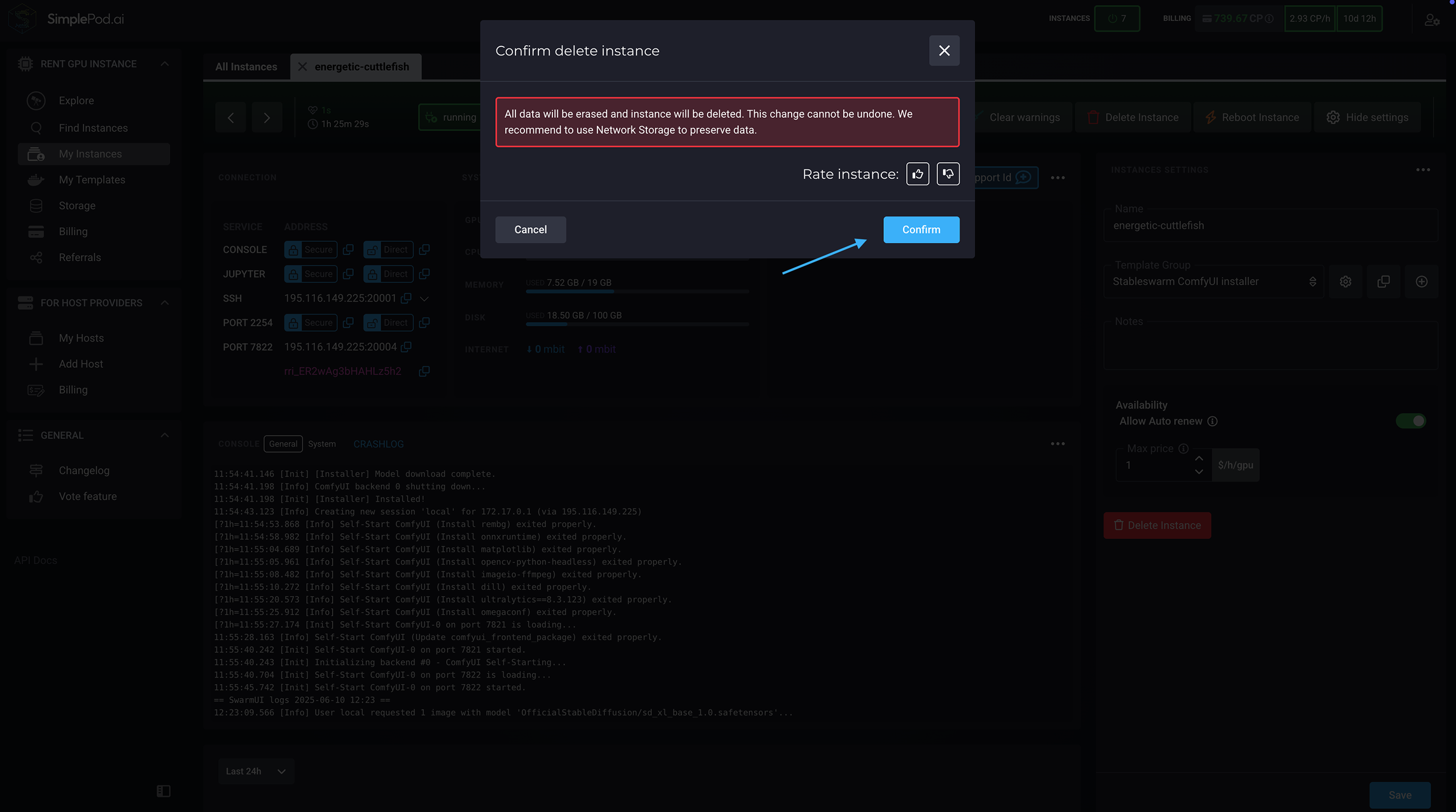 确认删除模式 SimplePod 仪表板，您可以在其中确认实例删除