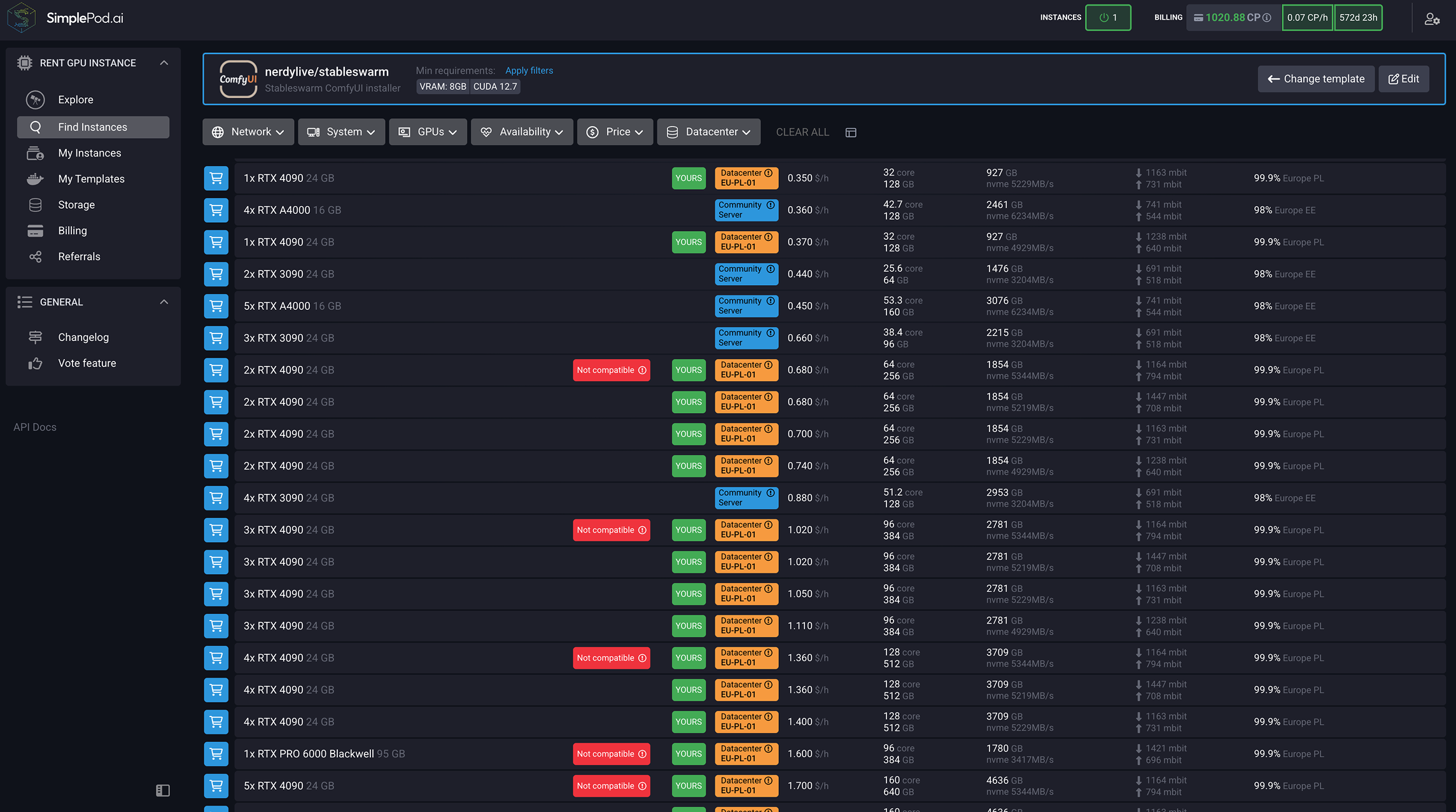 在 SimplePod 仪表板，您可以在其中选择要租用的GPU。