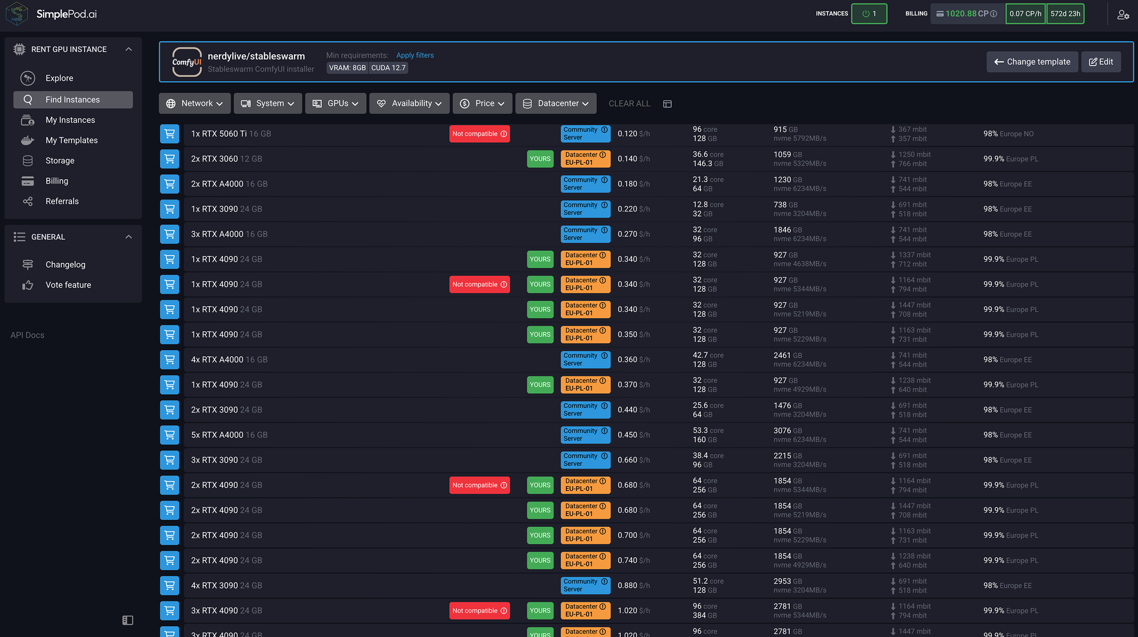 在 SimplePod 仪表板，已选择模板