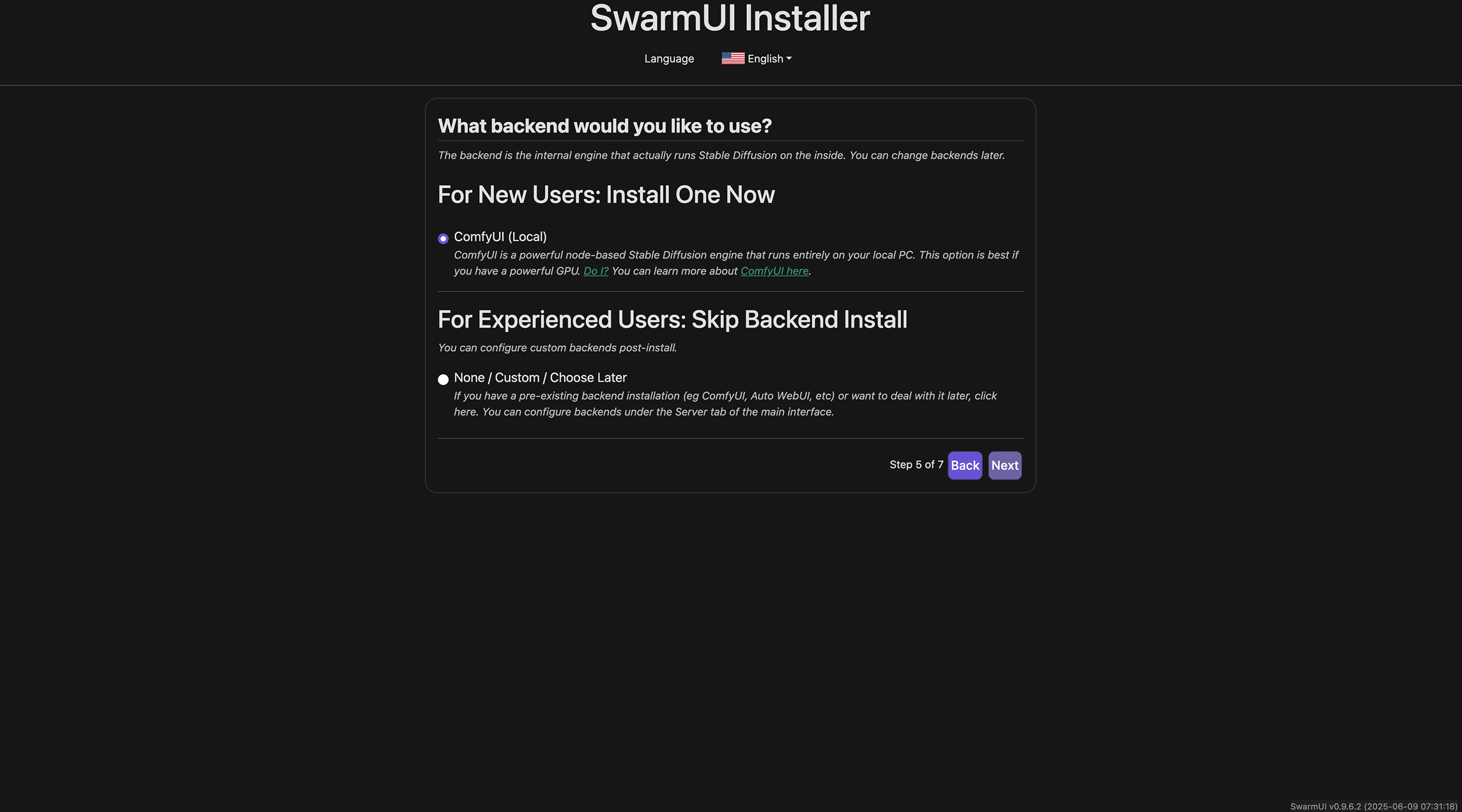 带有后端配置选项的Swarmui安装程序